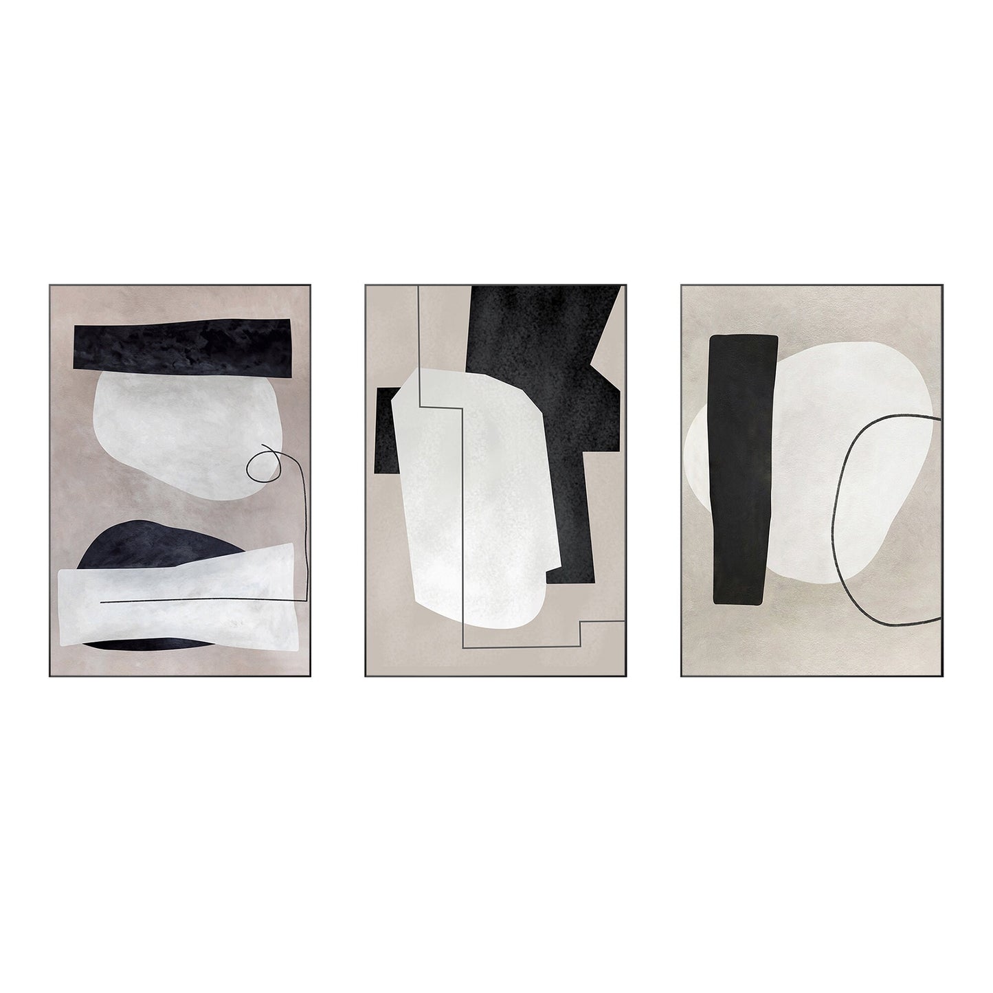 3 Pieces Geometric Framed Texture Wall Art, White Black Gray Geometric Triptych #9