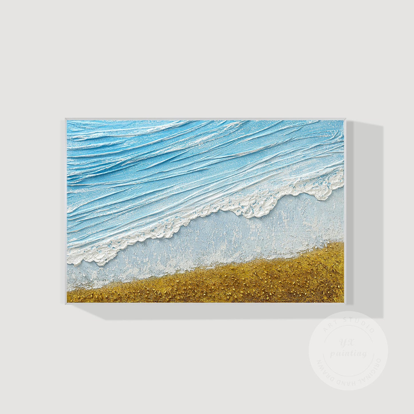 3D Textured Seascape Painting: Skye Blue Ocean Waves, Gold Sand Beach #10