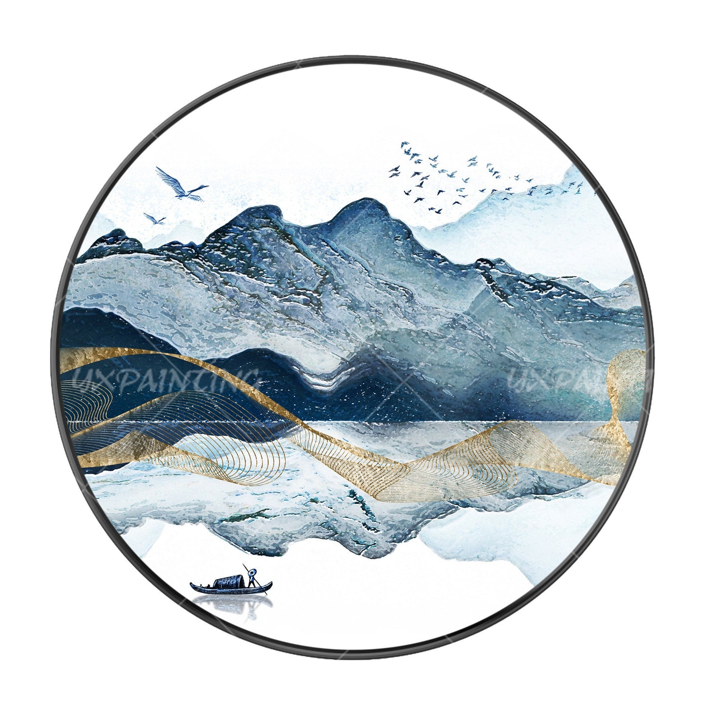 Abstract Mountain Lake Round Canvas Print: Blue Watercolor Painting (Digital Pri #9