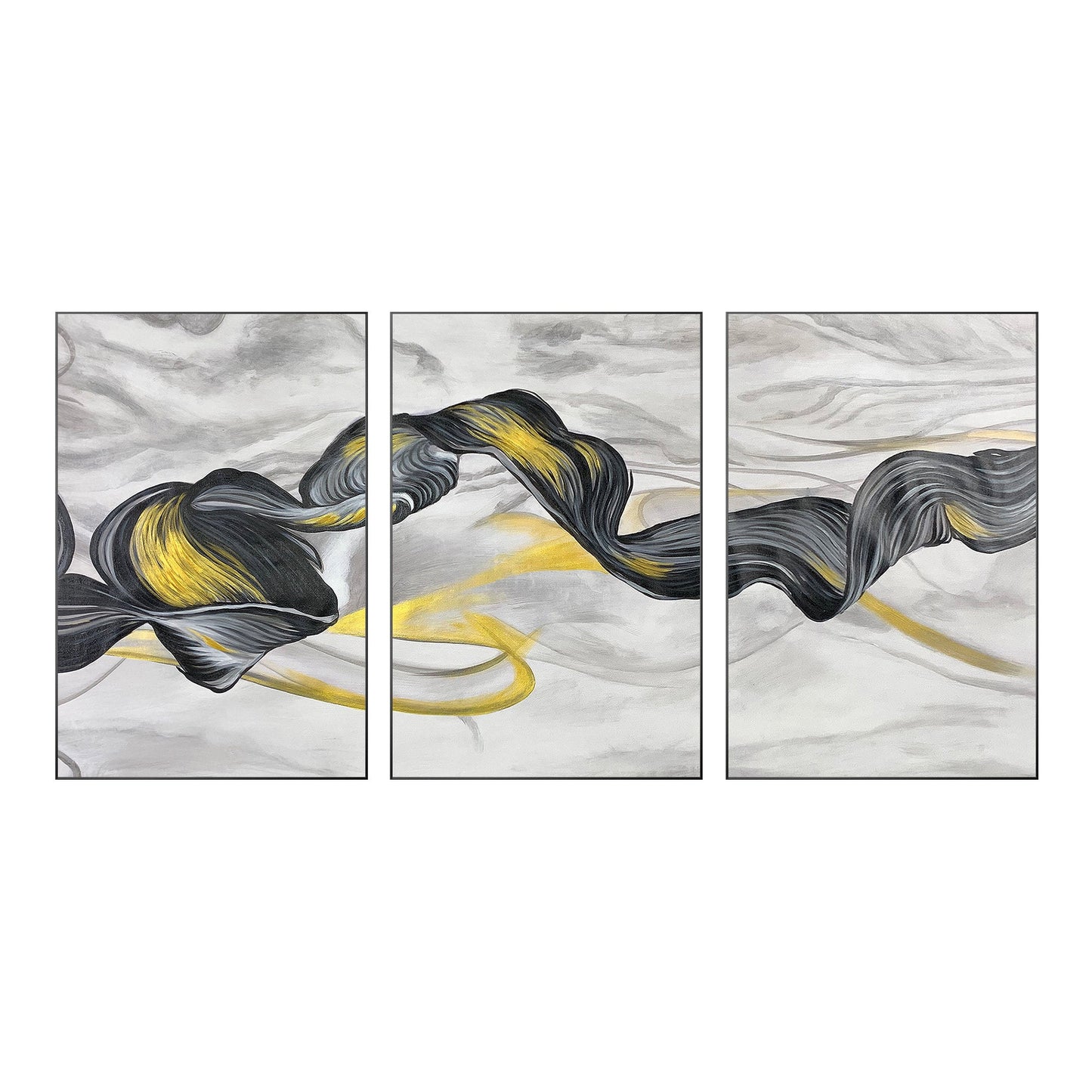 Black Gold Ribbon Painting: Set of 3 Abstract Canvas Wall Art #10