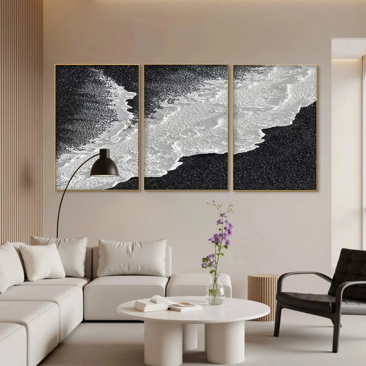 BLACK & WHITE OCEAN TRIPTYCH: Abstract Ocean Painting Set of 3, Vertical Wall Art | rolled canvas, ready for custom framing