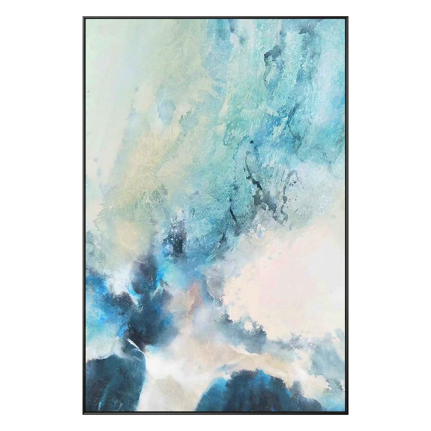 Blauwgroen abstract schilderij op canvas: ingelijste muurkunst woonkamer #20