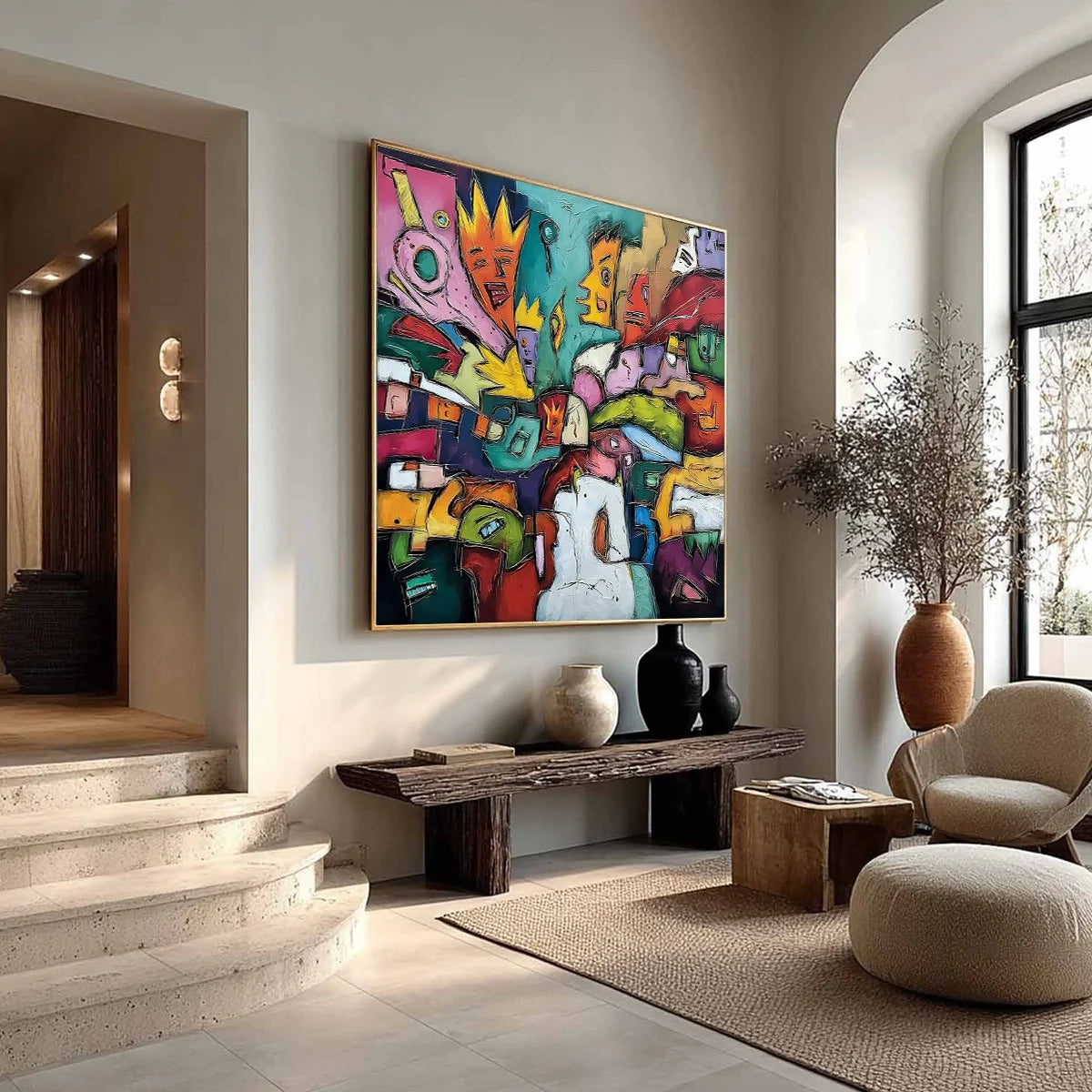 CARNIVAL OF KINGS: Vibrant Square Abstract Figurative Painting | beige palette, original Hand-painted on premium stretched canvas with artist-grade oils; rich layered surface creates a vibrant, scu...