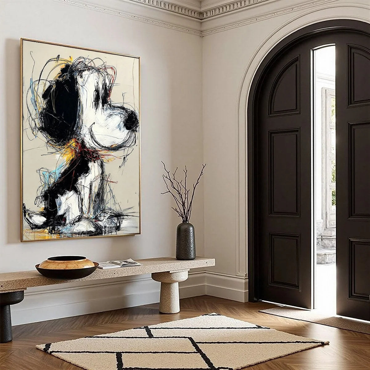 NOSTALGIC SCRIBBLE: Expressive Pop Art Dog Painting for Modern Decor | multi-color palette, original oil on stretched canvas art