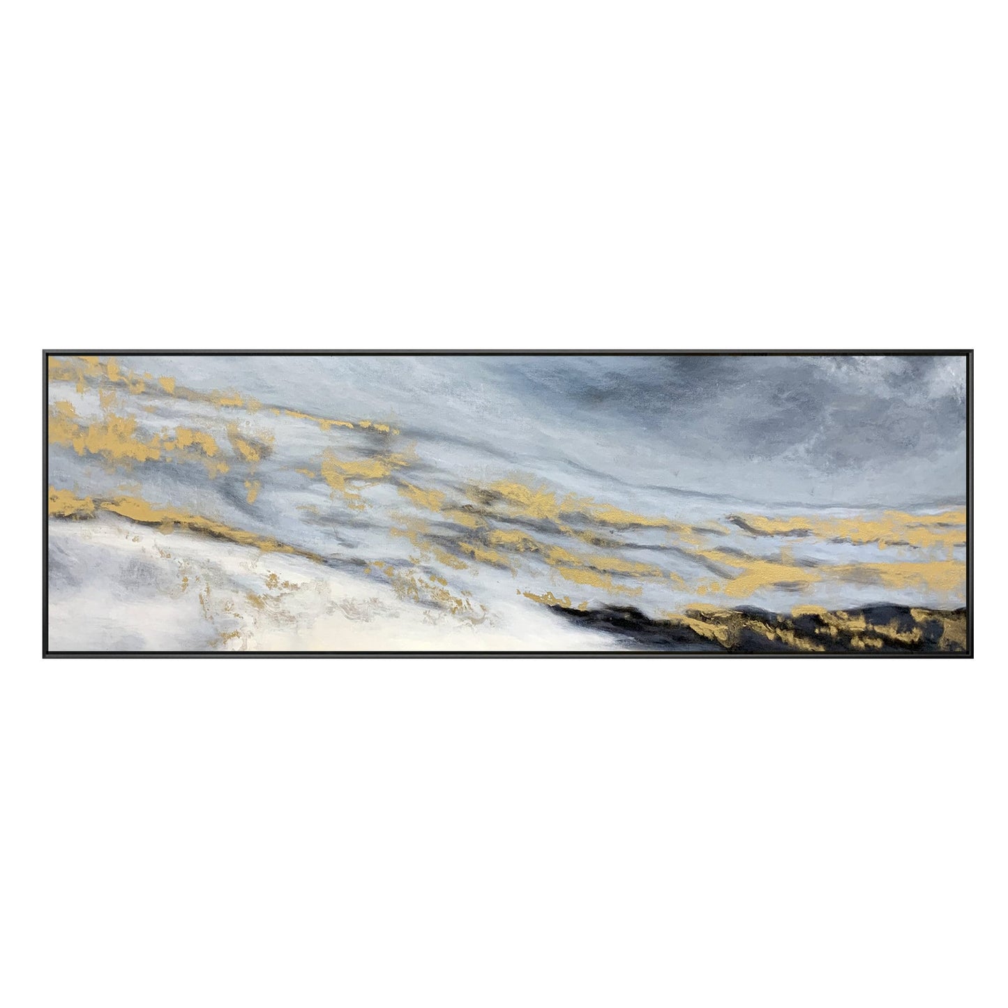Gold Black Gray Long Horizontal Framed Wall Art, Abstract Original Painting on C #9