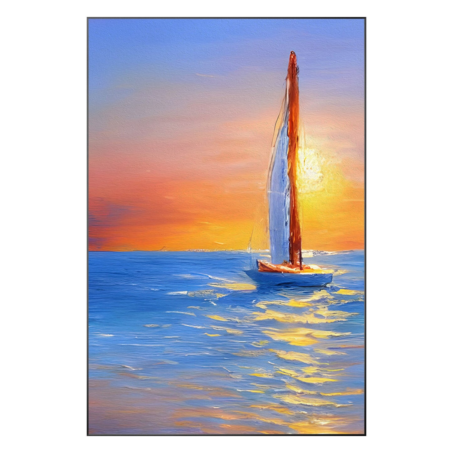 Gold Blue Sailboat Original Painting on Canvas, Seascape Painting, Vertical Extr #9