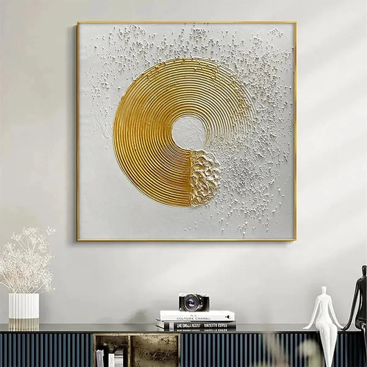 GOLDEN HARMONY: Textured Gold and White Abstract Painting, Square Wall Art | yellow palette, original oil on stretched canvas art