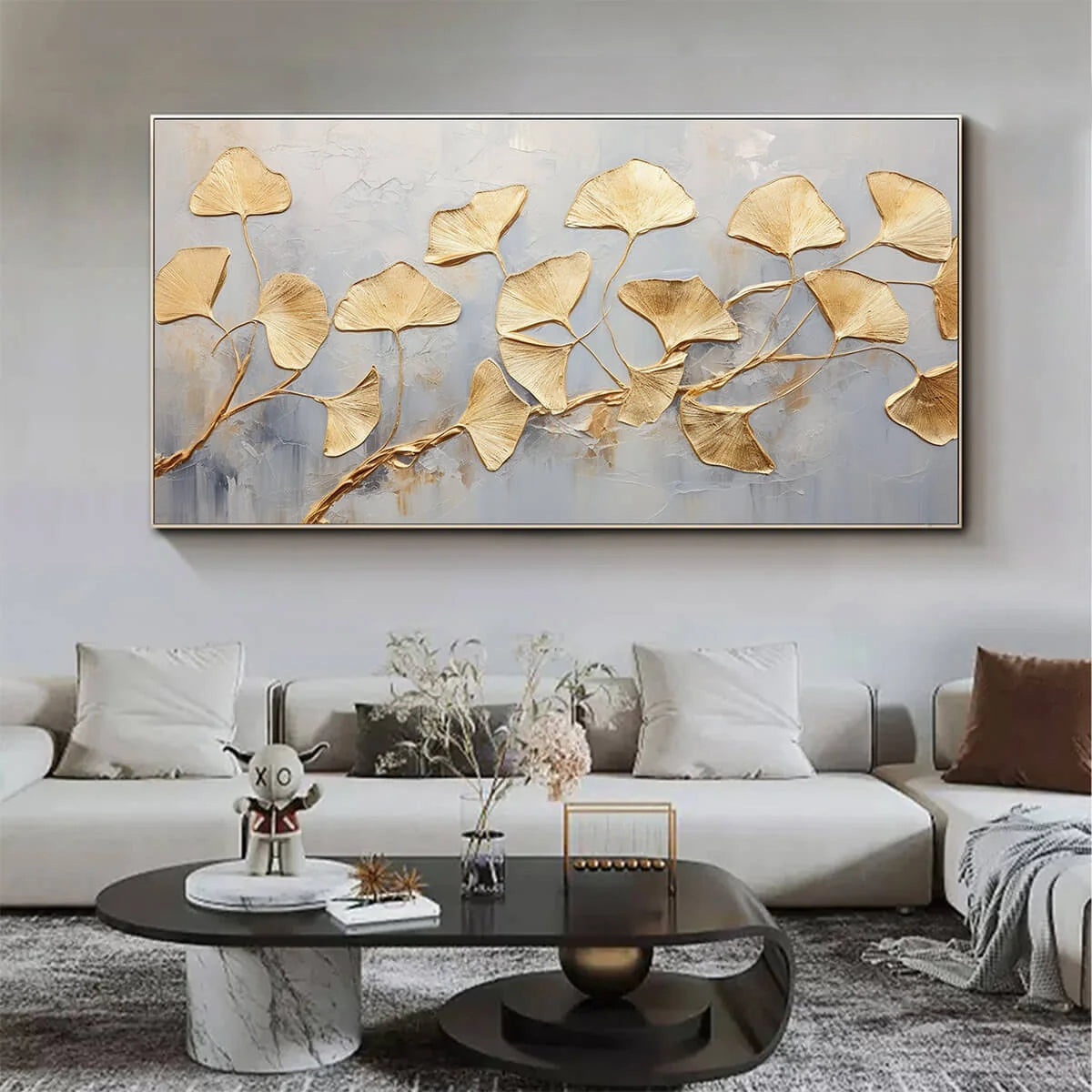 GOLDEN WHISPERS: Textured Ginkgo Leaf Oil Painting in Gold | Figurative mood, soft natural light studio shot