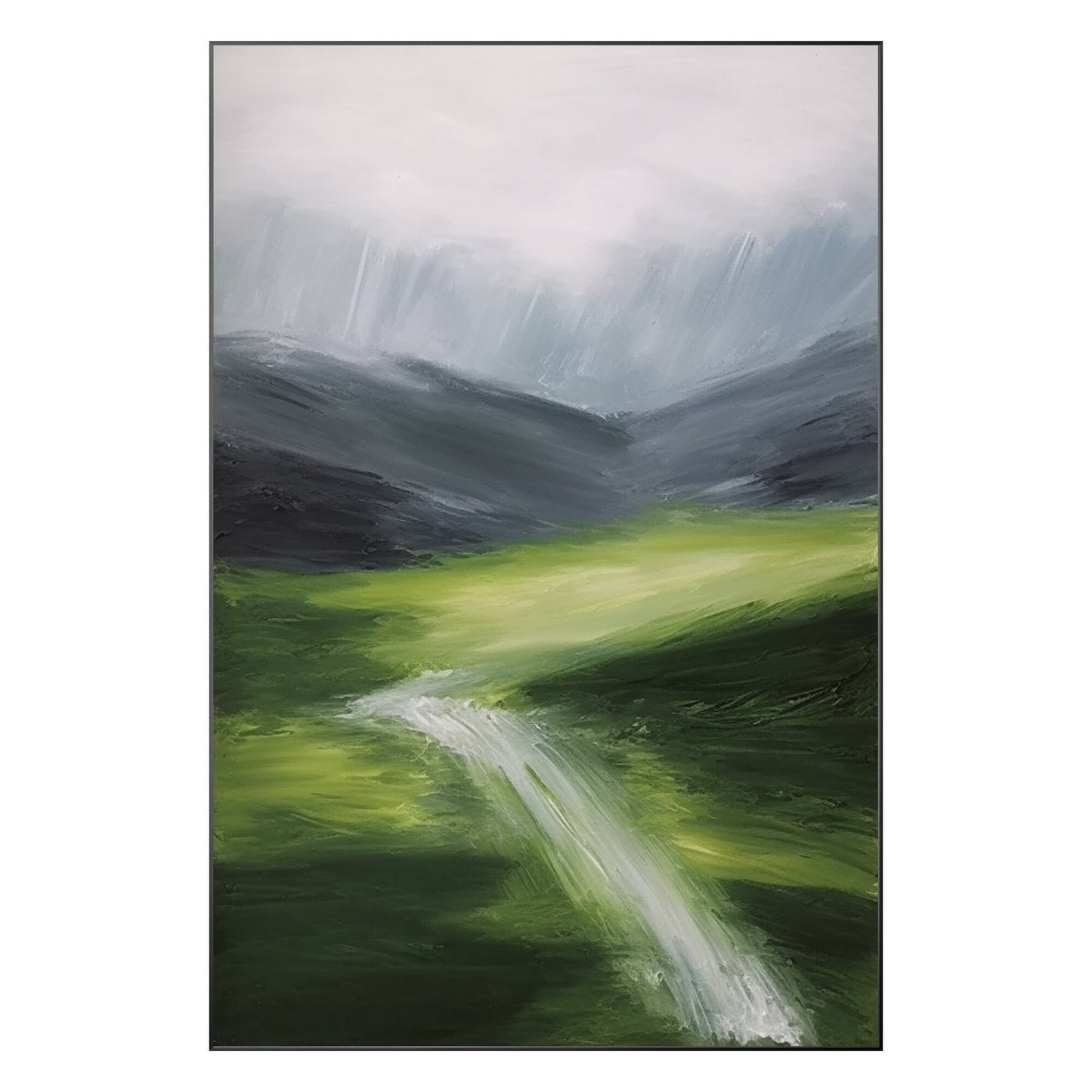 Green Textured mountain river wall art abstract painting on canvas green gray mo #9