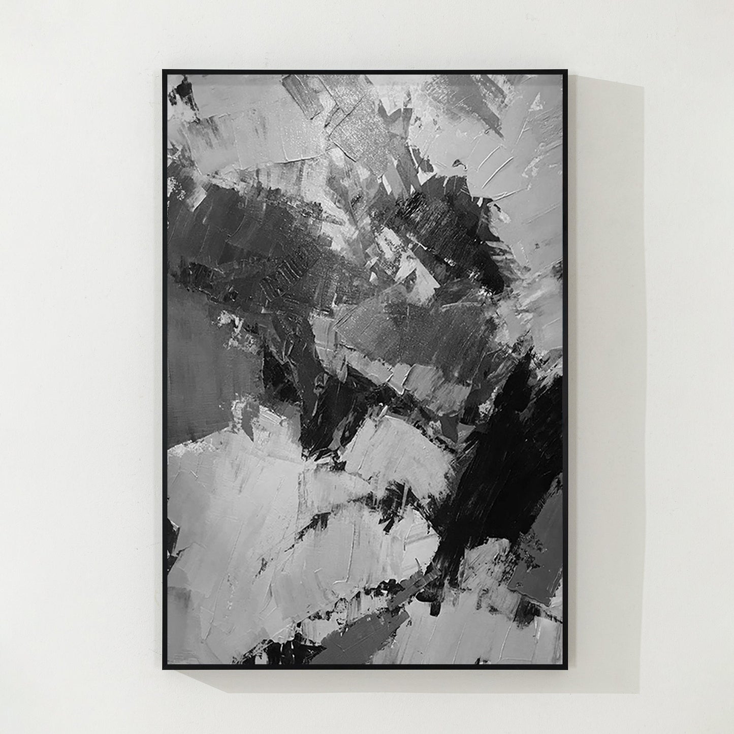 Hand-Painted Black, Gray & White Abstract Painting: Textured Vertical Canvas #9