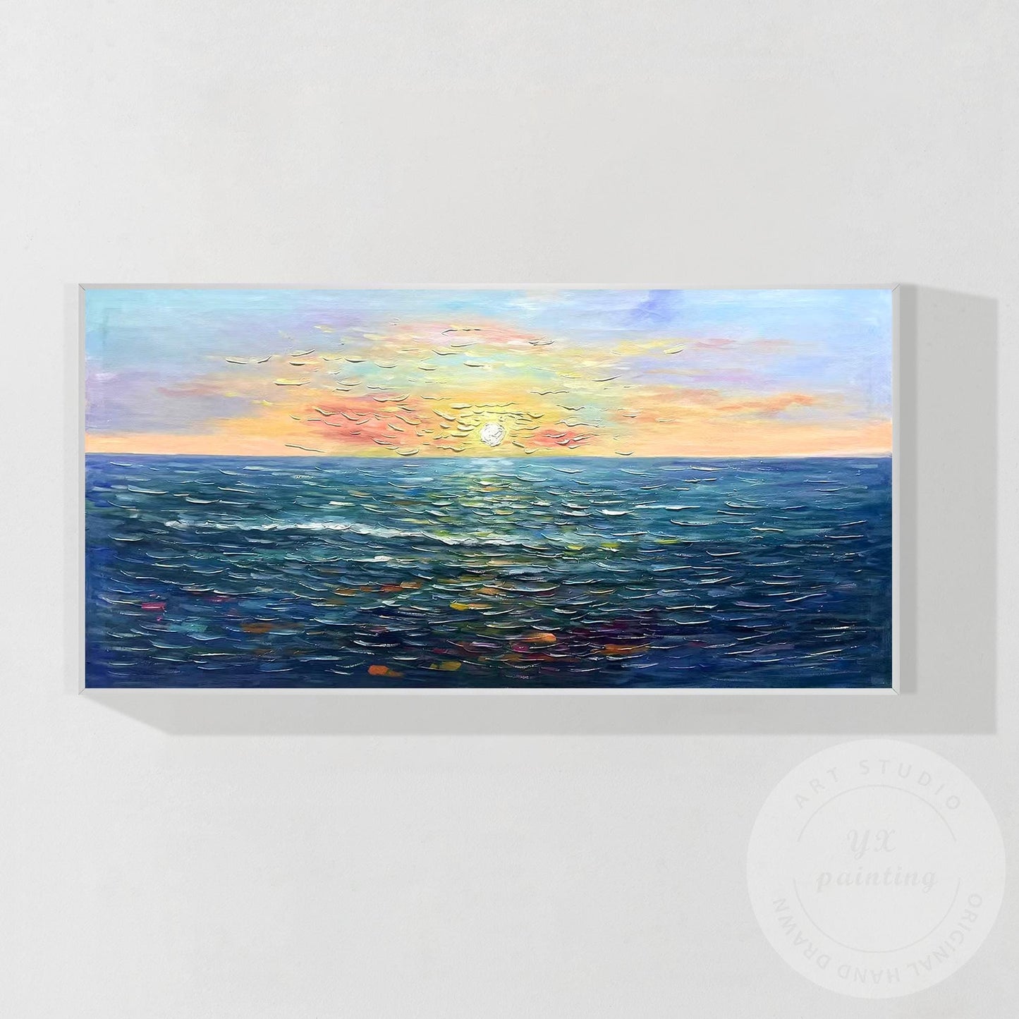 Handcrafted Sunrise Ocean Painting, Original Beach Oil Canvas Artwork, Large Fra #10
