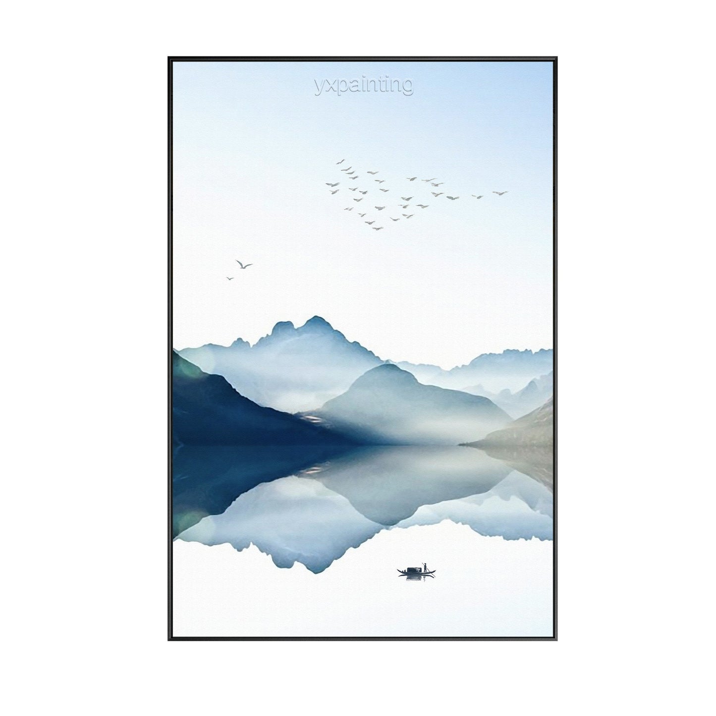 Ingelijste bergaquarel: zwerm vogels, lichtblauwe natuurkunst #20