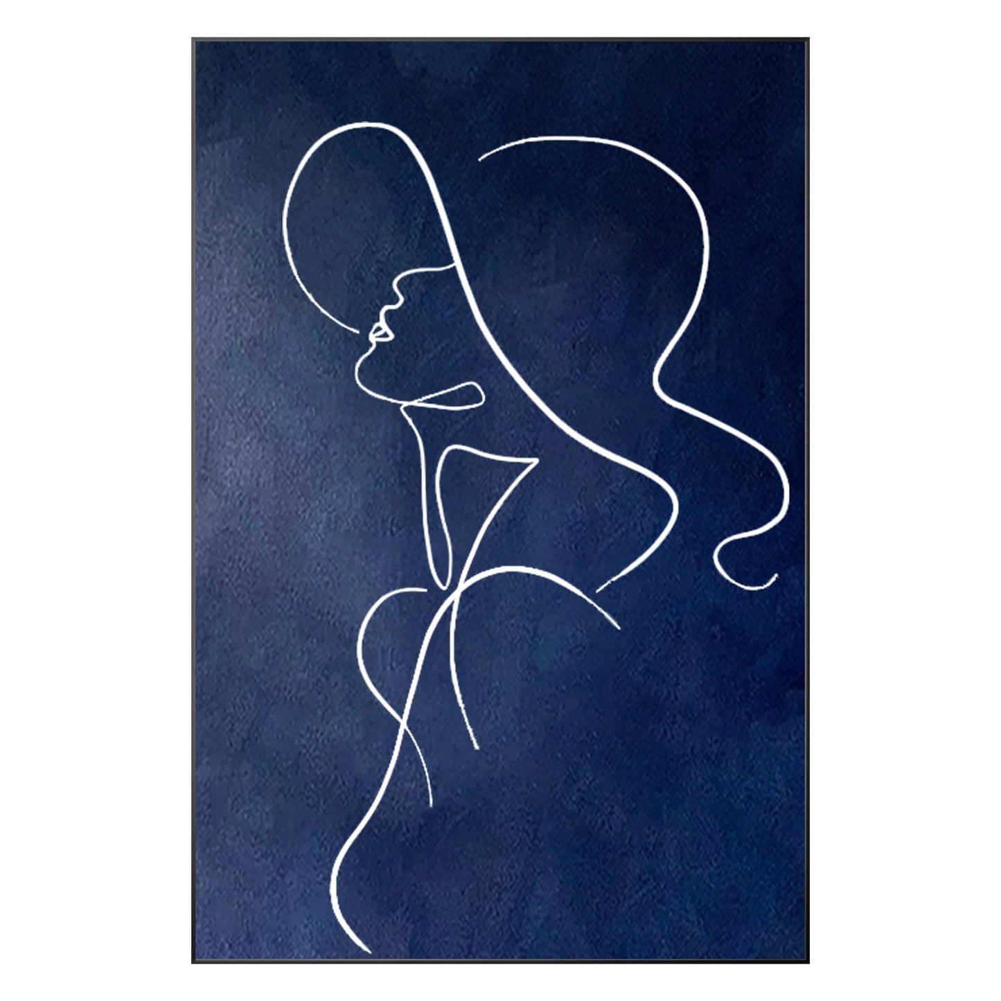 Navy Blue One Line Art Woman Painting: Minimalist Framed Canvas #11