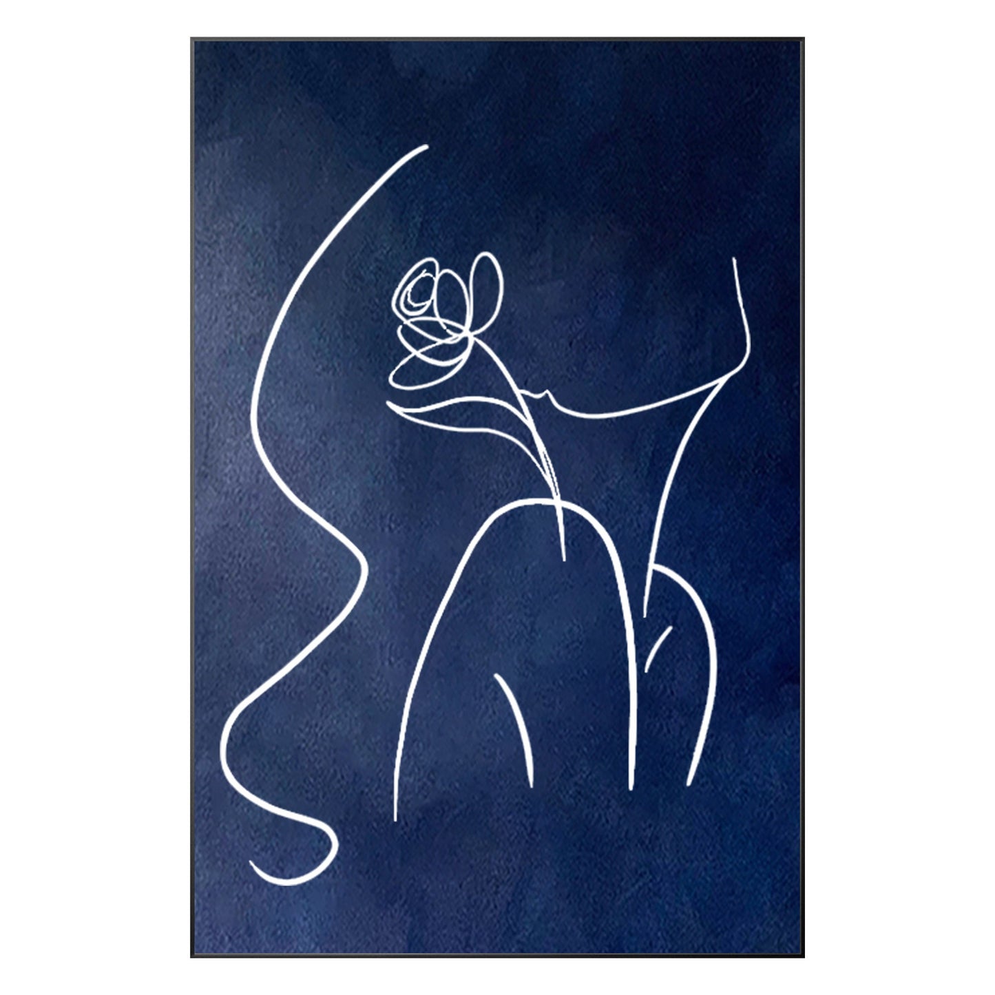 Navy Blue Woman Line Art Painting, Extra Large Vertical Canvas Wall Art, Minimal #14