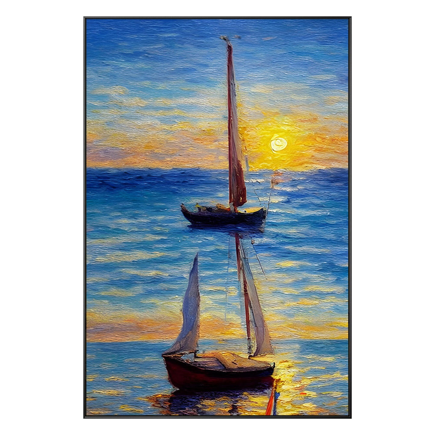 Original Sailboat Painting: Gold & Blue Seascape, Framed Canvas Wall Art #9