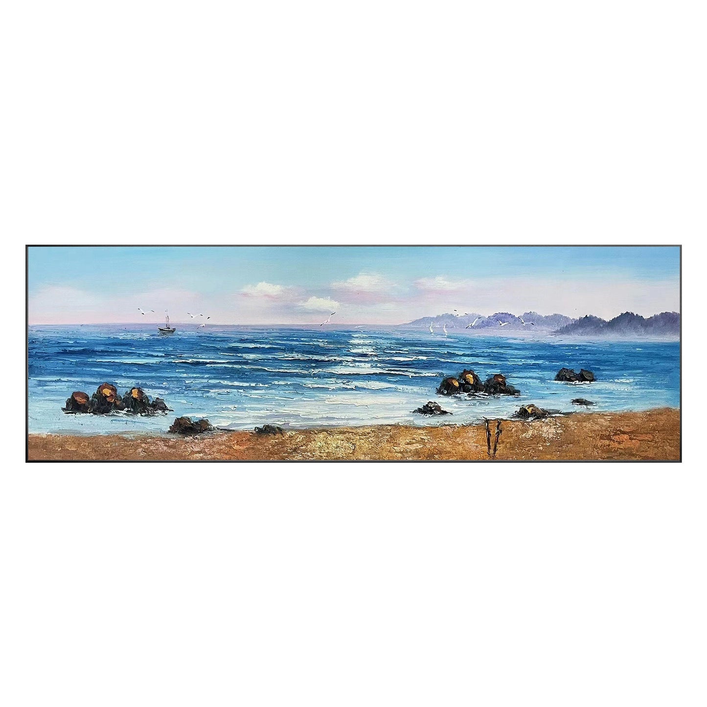 Original Sunrise Seascape Painting: Long Horizontal Canvas Wall Art #9