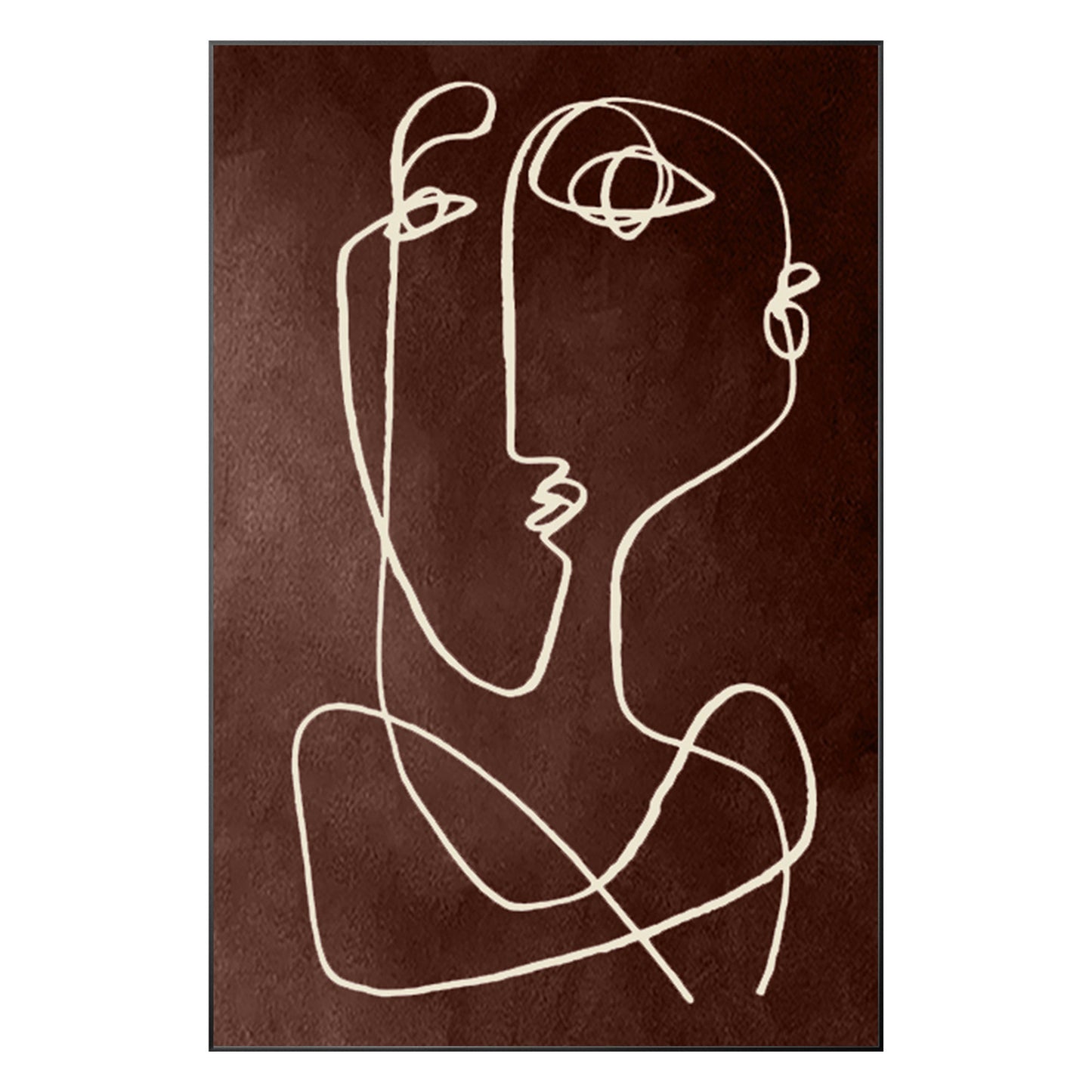 Picasso One Line Art Brown Abstract Painting on Canvas, Framed Minimalist Wall A #9