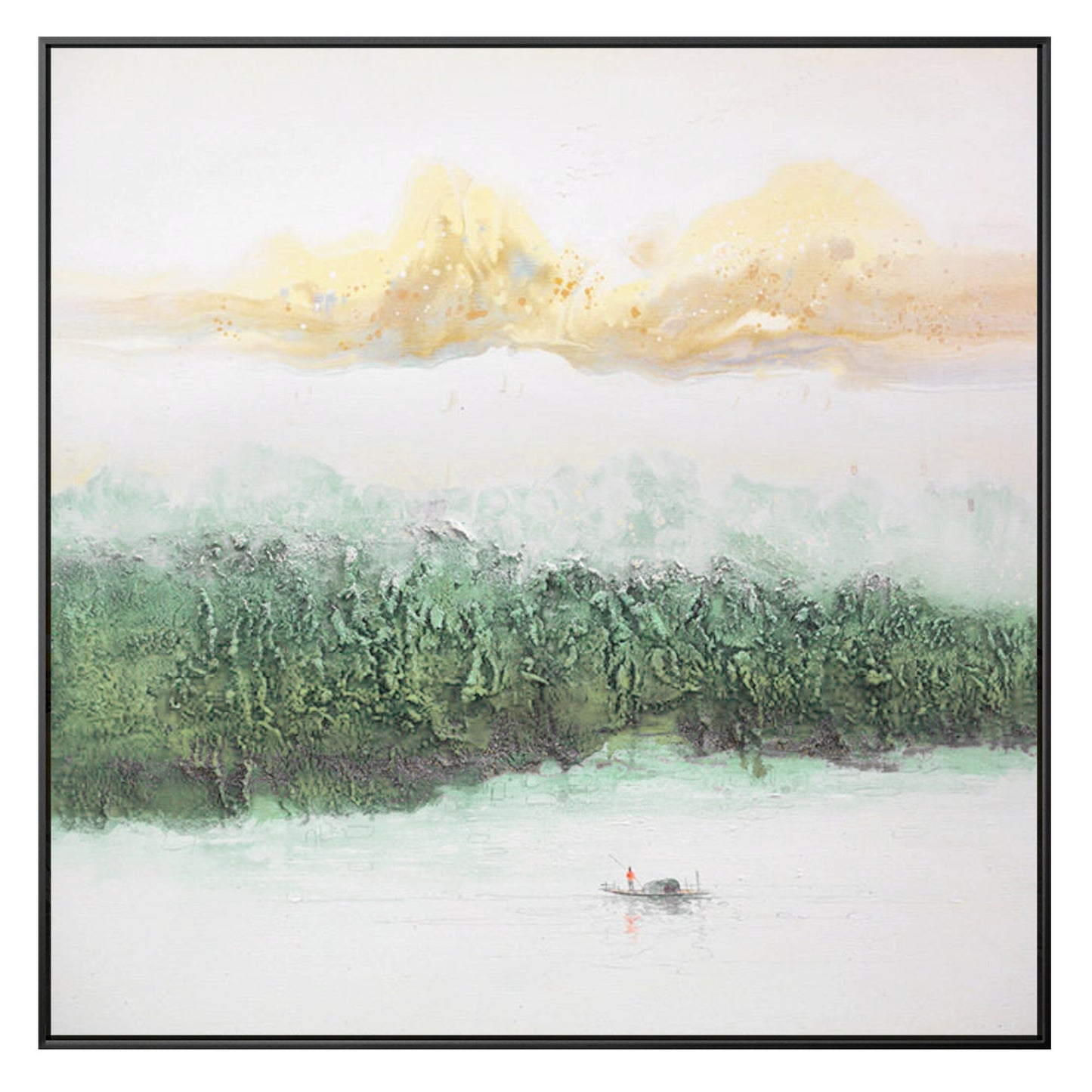 Sage Green Mountain Painting Canvas: Square Framed Texture Wall Art #9