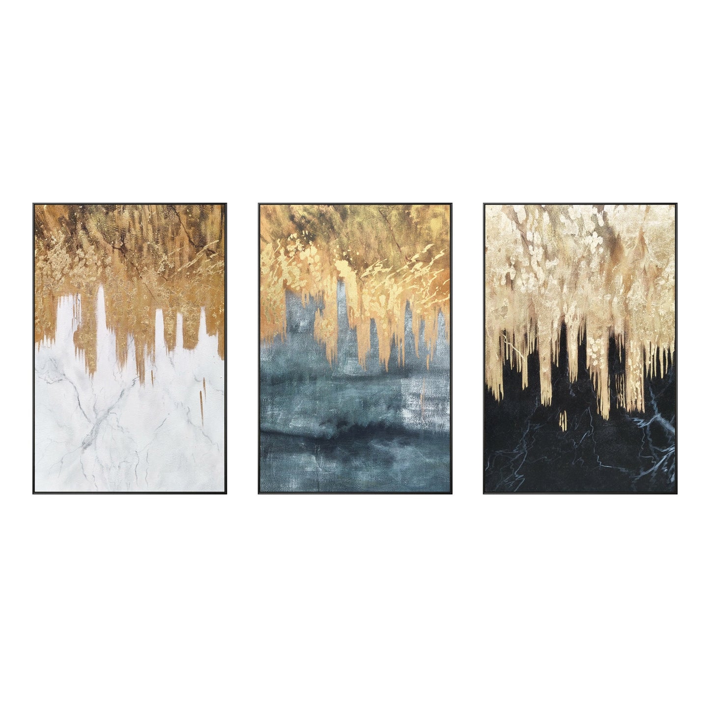 Set of 3 black white sage gold foil wall art framed, textured painting canvas, m #10
