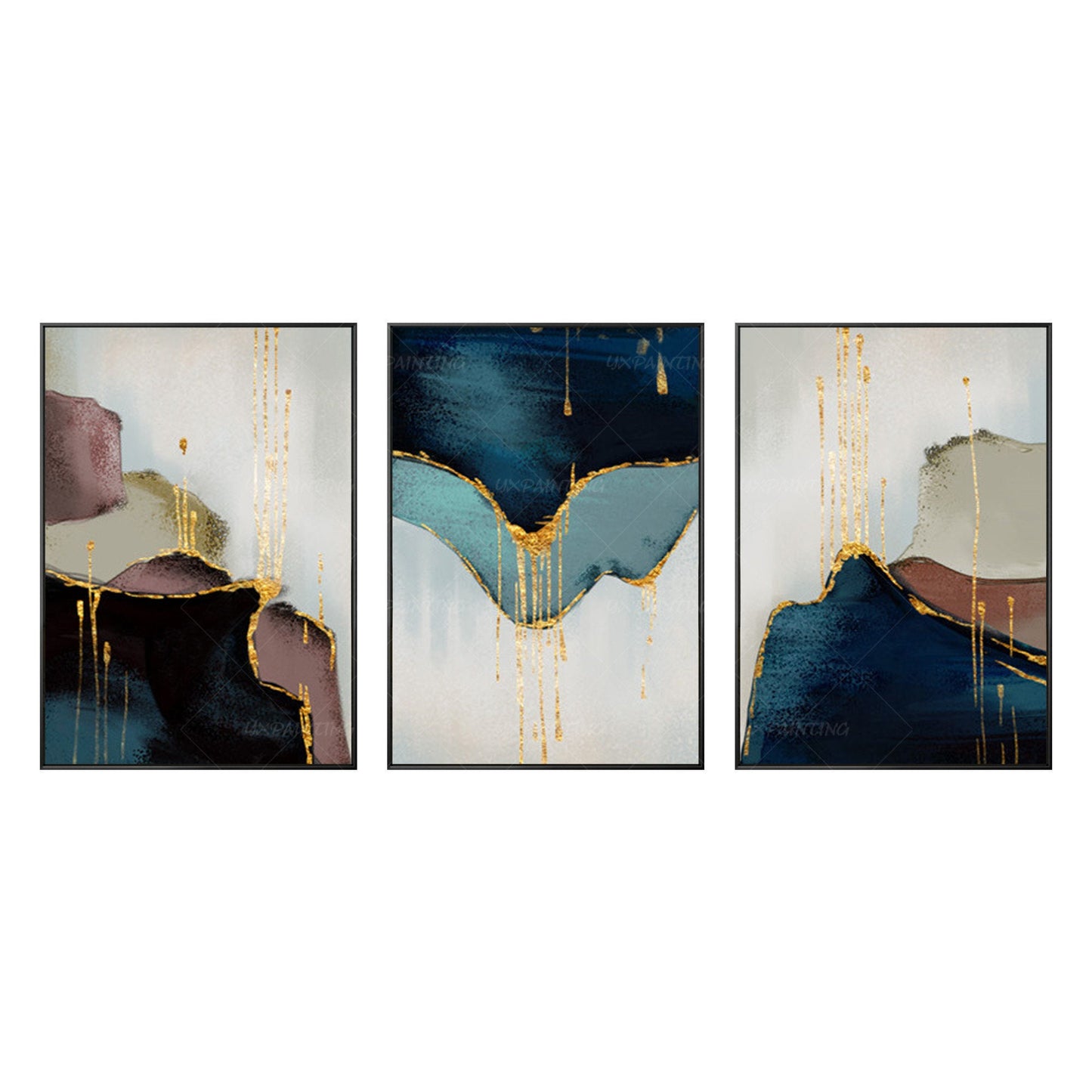 Set of 3 pieces, framed wall art, abstract painting, gold leaf blue, large wall #10