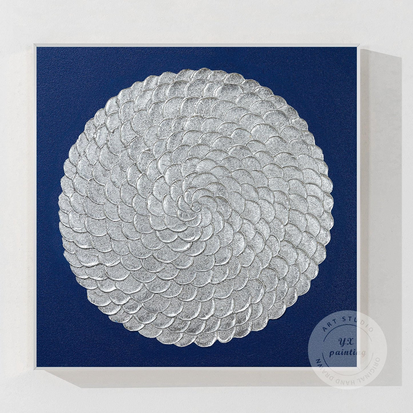 Silver Leaf Flower Circle Painting: Navy Blue Abstract 3D Textured Wall Art #11