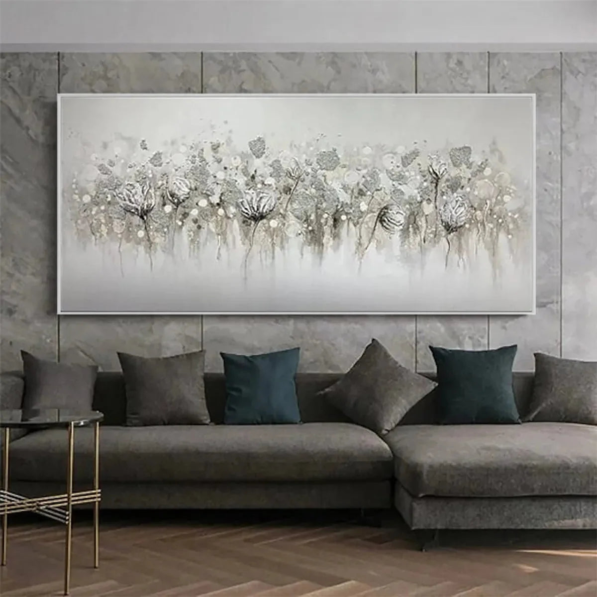 SILVER MIST: Minimalist Floral Oil Painting in Silver and Grey | texture detail, palette knife marks visible