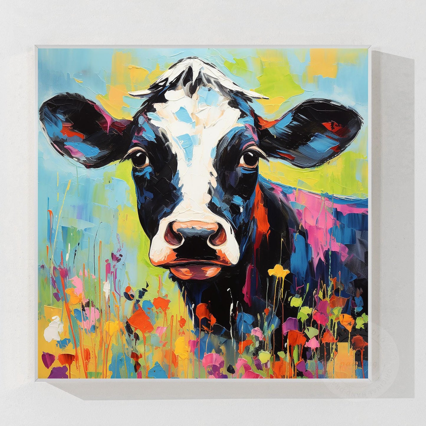 Textured Calf Painting Colorful Flowers, Original Oil Painting On Canvas, Extra #10