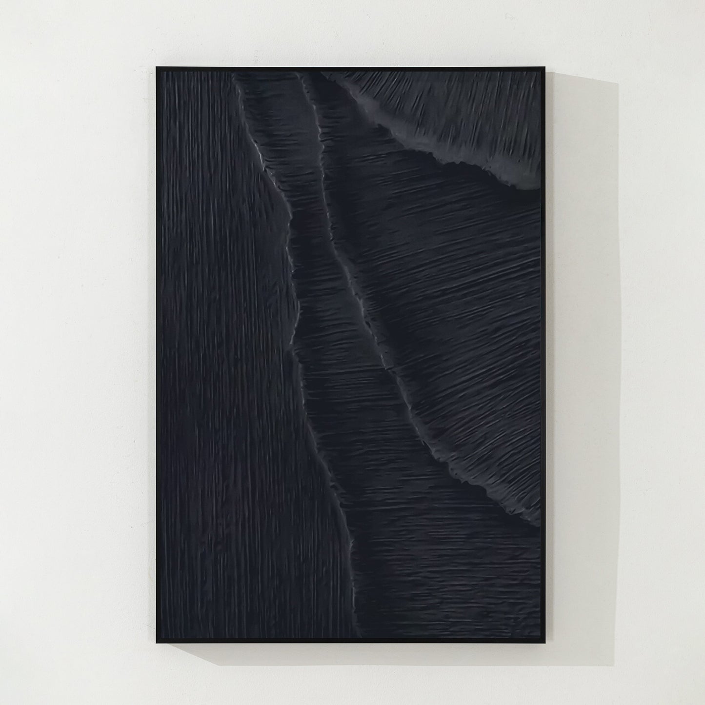 Textured Matte Black Sea Waves Painting: Extra Large Minimalist Framed Canvas #9
