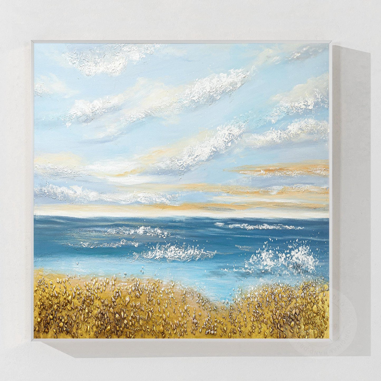 Textured Seascape Painting: Blue Ocean, Gold Sand, Coastal Wall Art #10