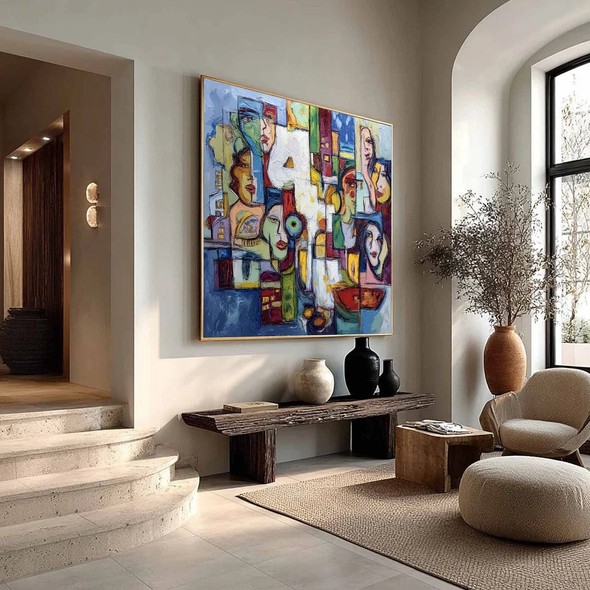URBAN MOSAIC: Large Square Abstract Figurative Wall Art | multi-color palette, original oil on stretched canvas art