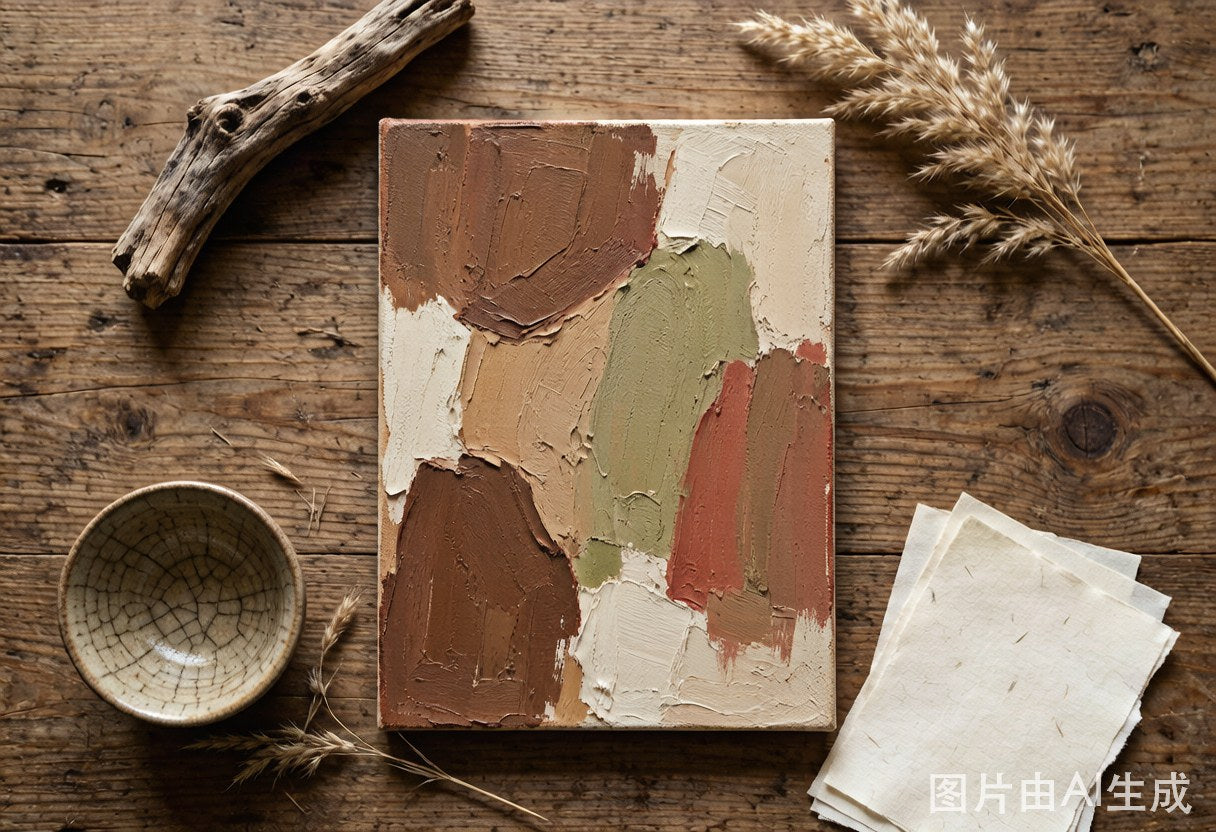 Earth-toned textured oil painting flat lay with natural decor