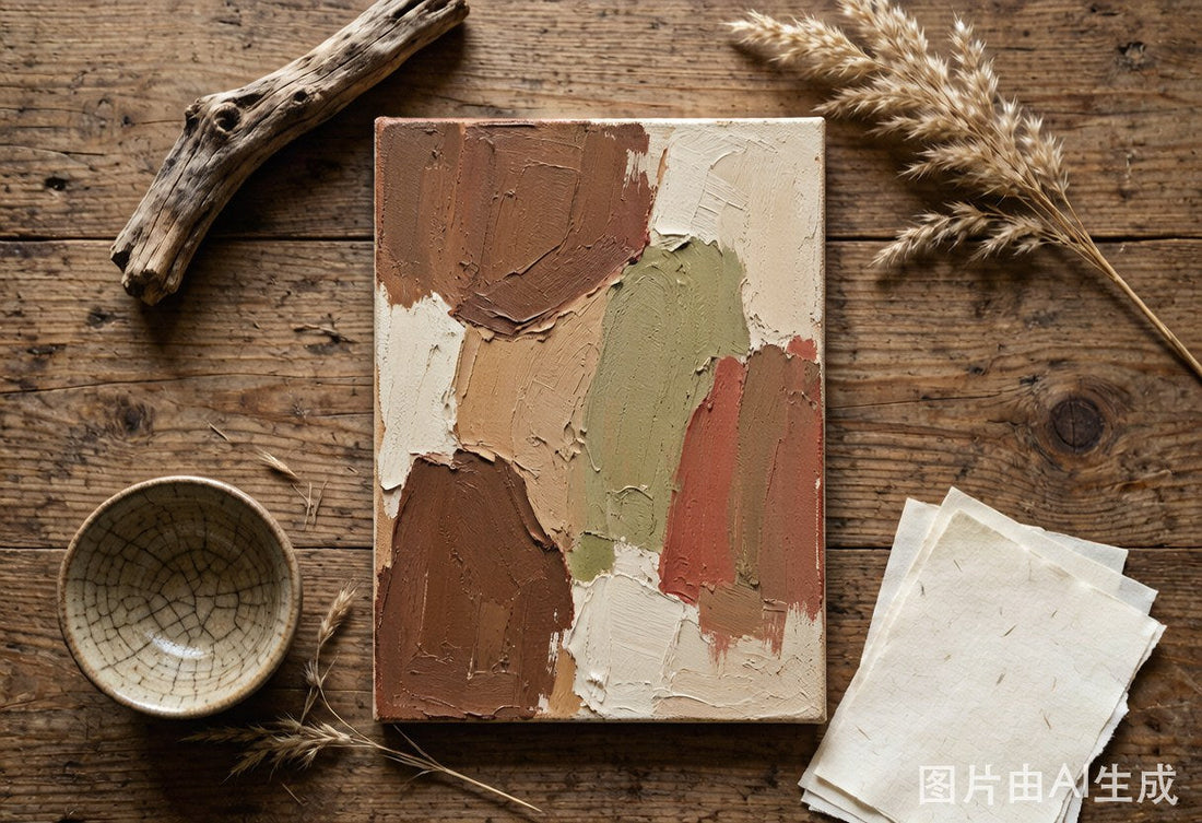 Earth-toned textured oil painting flat lay with natural decor