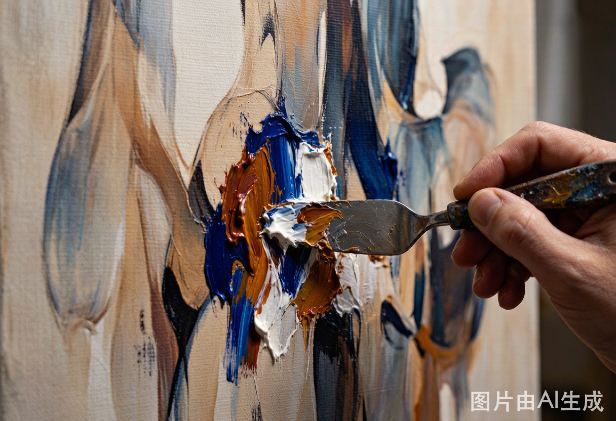 Artist creating textured abstract wall art with palette knife