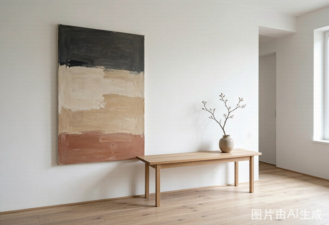 Japandi style interior with wabi-sabi textured wall art