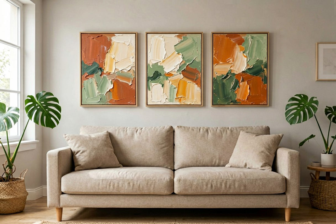 Hand-painted oil paintings styled in a warm living room buying guide
