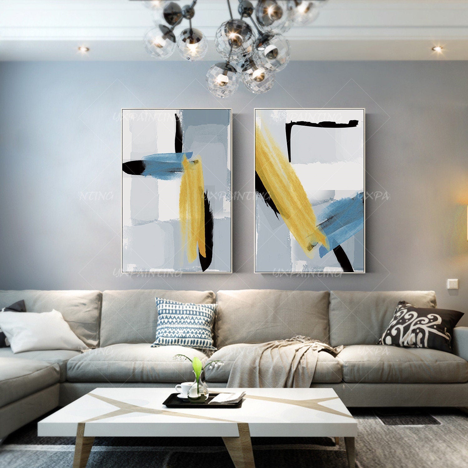 2 pieces wall art Abstract painting Geometric art paintings On Canvas original f #4