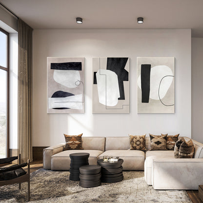 3 Pieces Geometric Framed Texture Wall Art, White Black Gray Geometric Triptych  #2