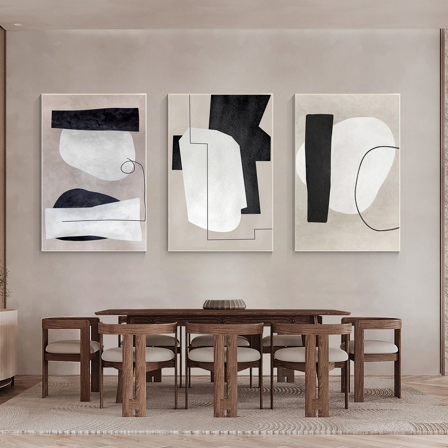 3 Pieces Geometric Framed Texture Wall Art, White Black Gray Geometric Triptych  #3