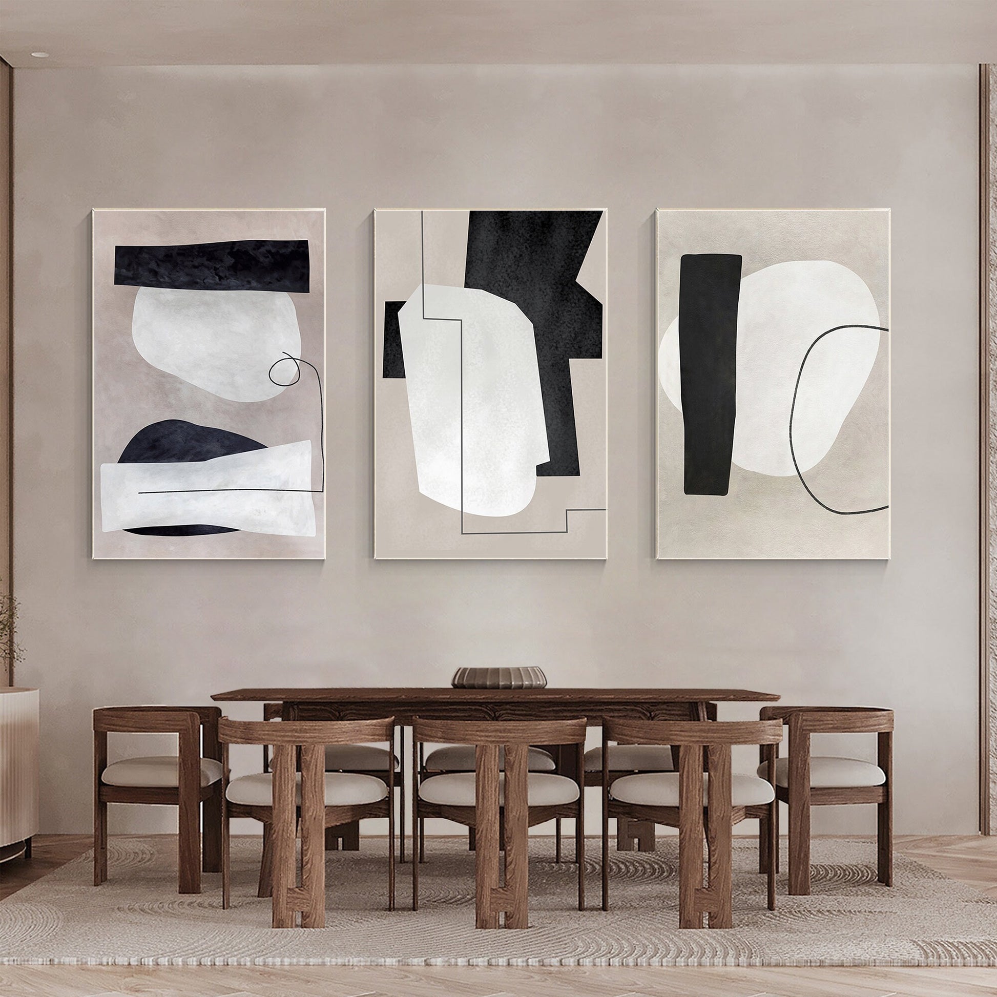 3 Pieces Geometric Framed Texture Wall Art, White Black Gray Geometric Triptych  #3