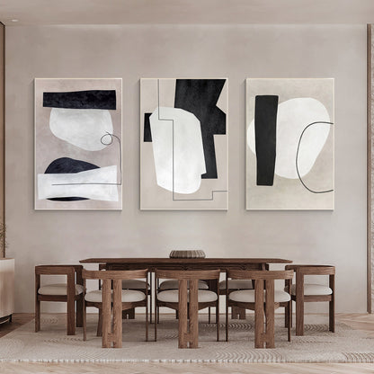 3 Pieces Geometric Framed Texture Wall Art, White Black Gray Geometric Triptych  #3
