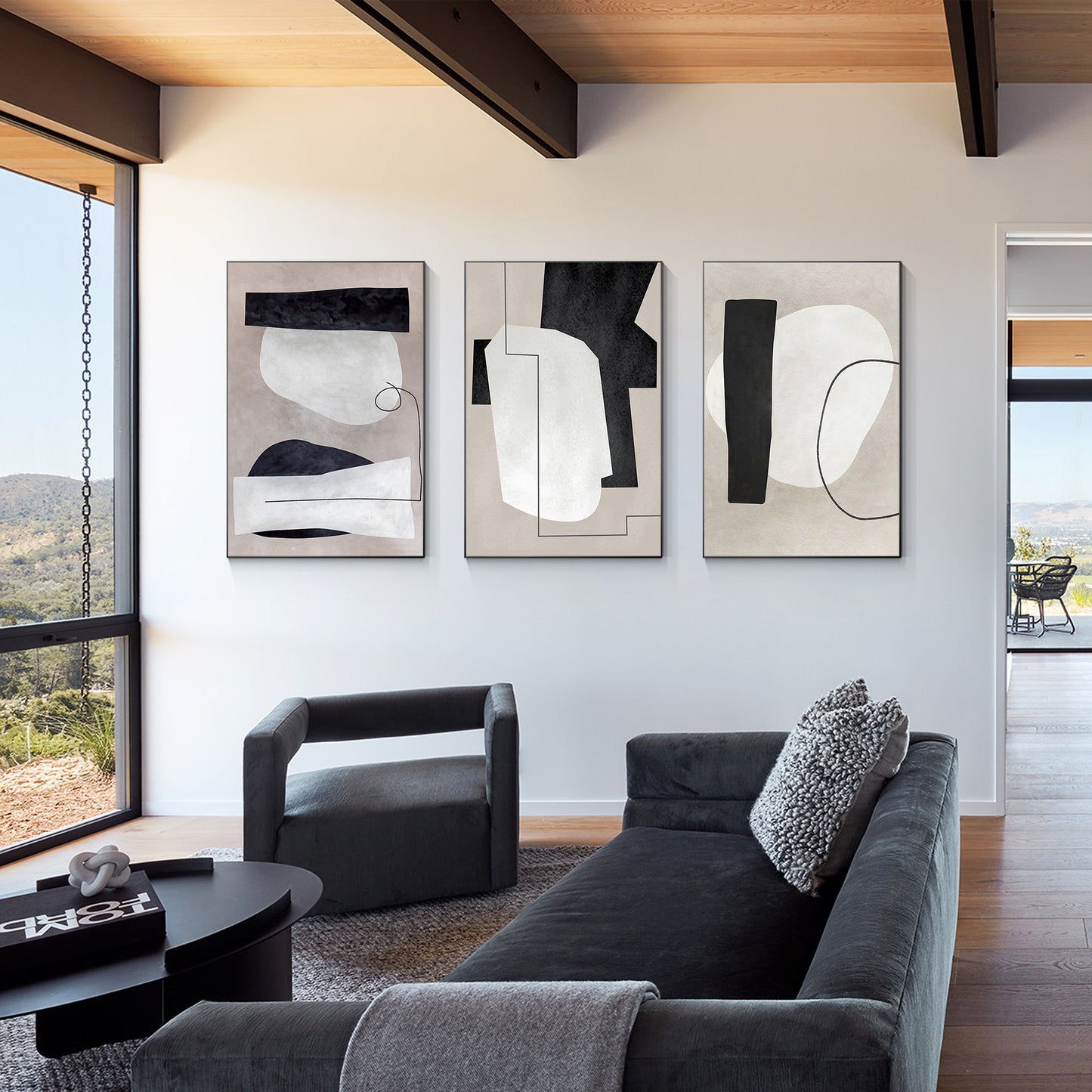 3 Pieces Geometric Framed Texture Wall Art, White Black Gray Geometric Triptych  #4