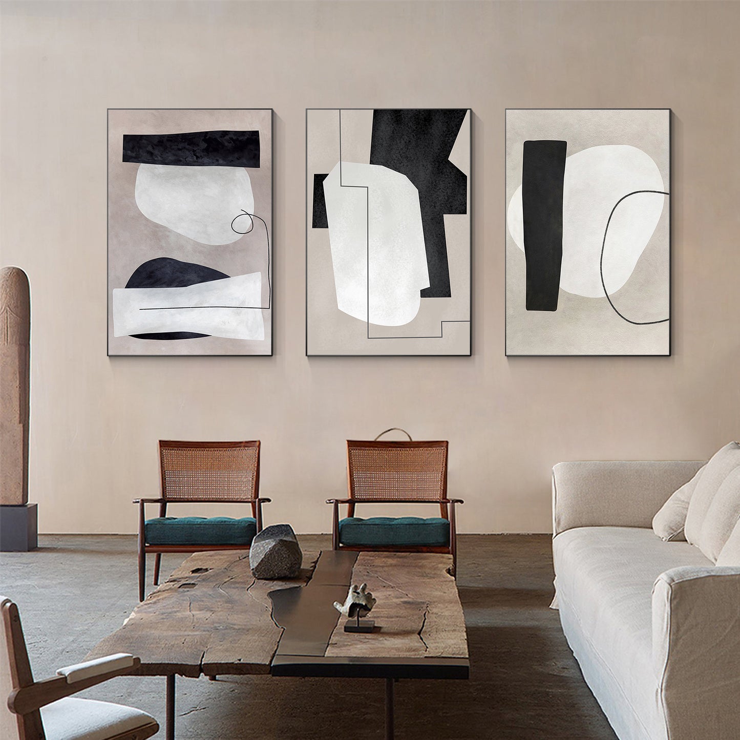3 Pieces Geometric Framed Texture Wall Art, White Black Gray Geometric Triptych  #5