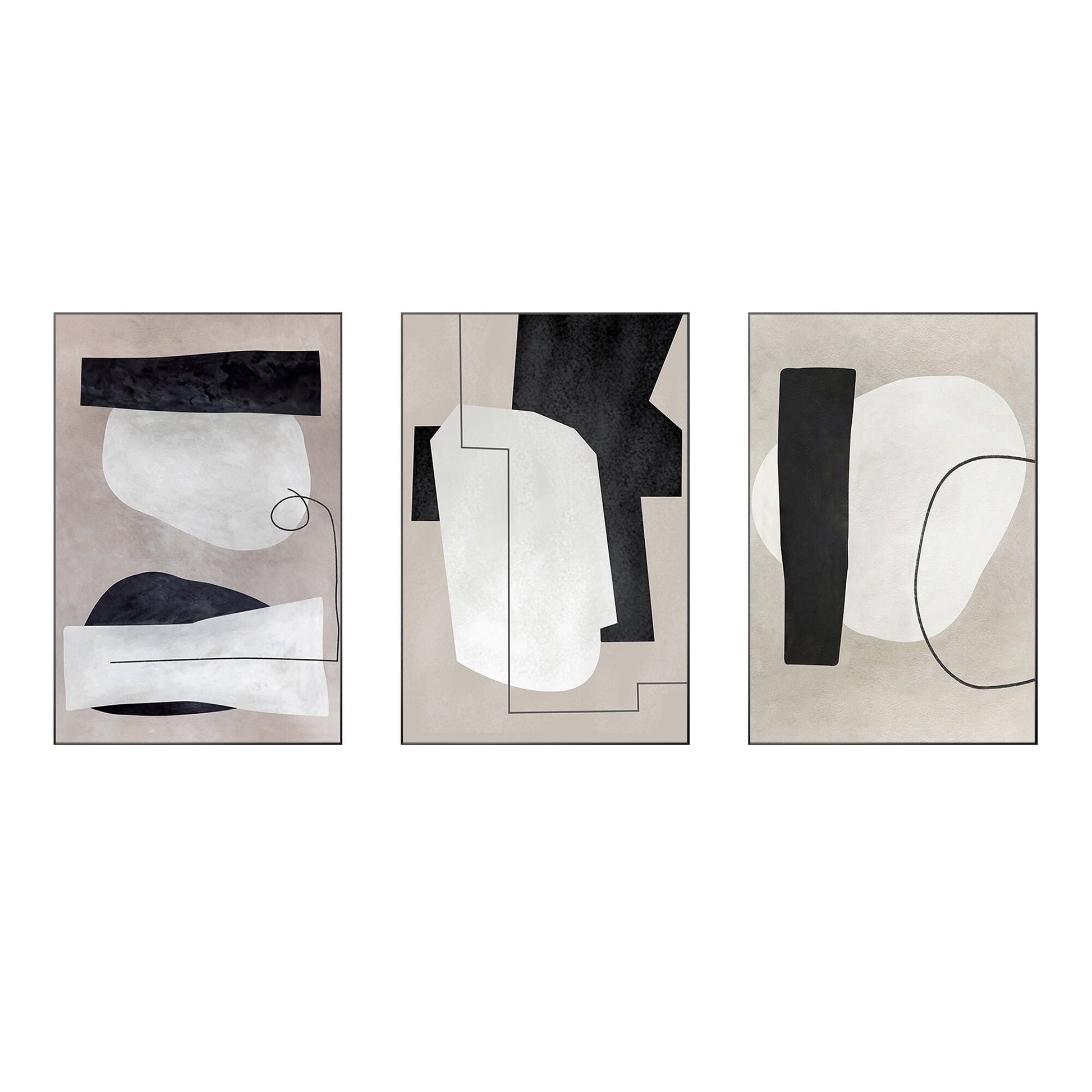 3 Pieces Geometric Framed Texture Wall Art, White Black Gray Geometric Triptych  #9