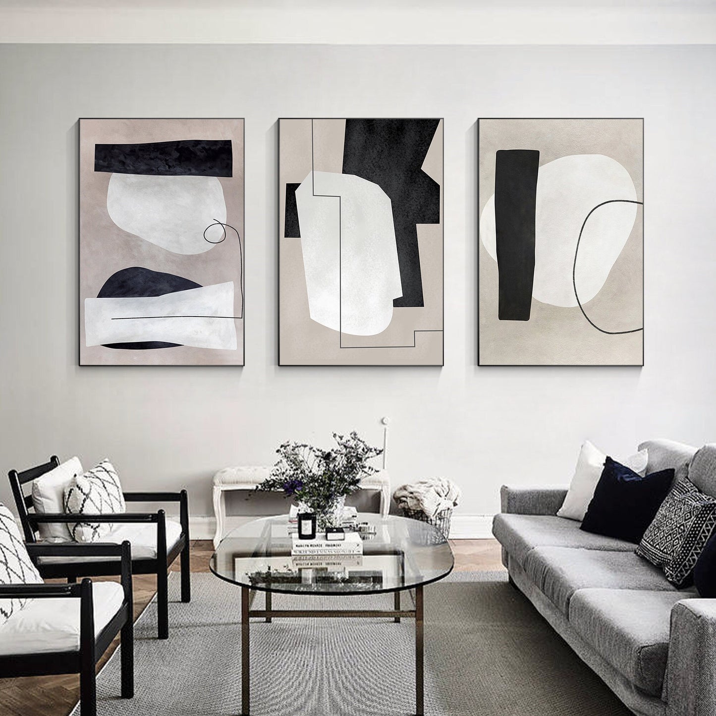 3 Pieces Geometric Framed Texture Wall Art, White Black Gray Geometric Triptych  #1