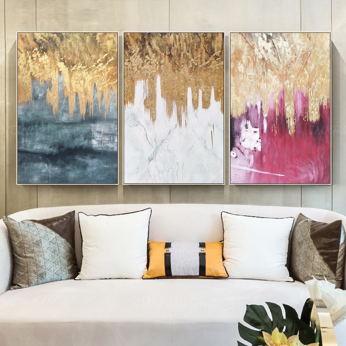 3 pieces Original Abstract gold leaf waterfall Acrylic Painting On Canvas black  #3