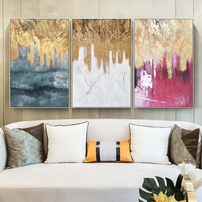 3 pieces Original Abstract gold leaf waterfall Acrylic Painting On Canvas black  #3
