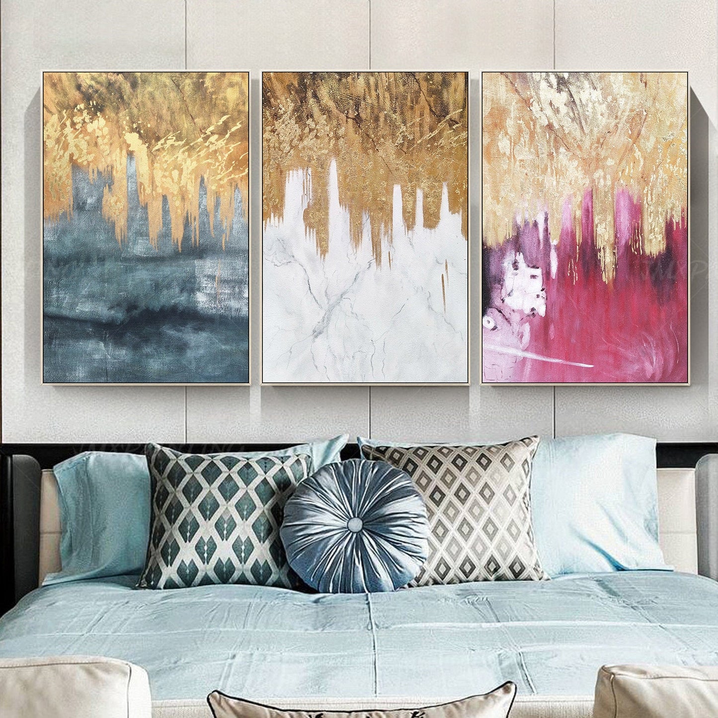 3 pieces Original Abstract gold leaf waterfall Acrylic Painting On Canvas black  #4