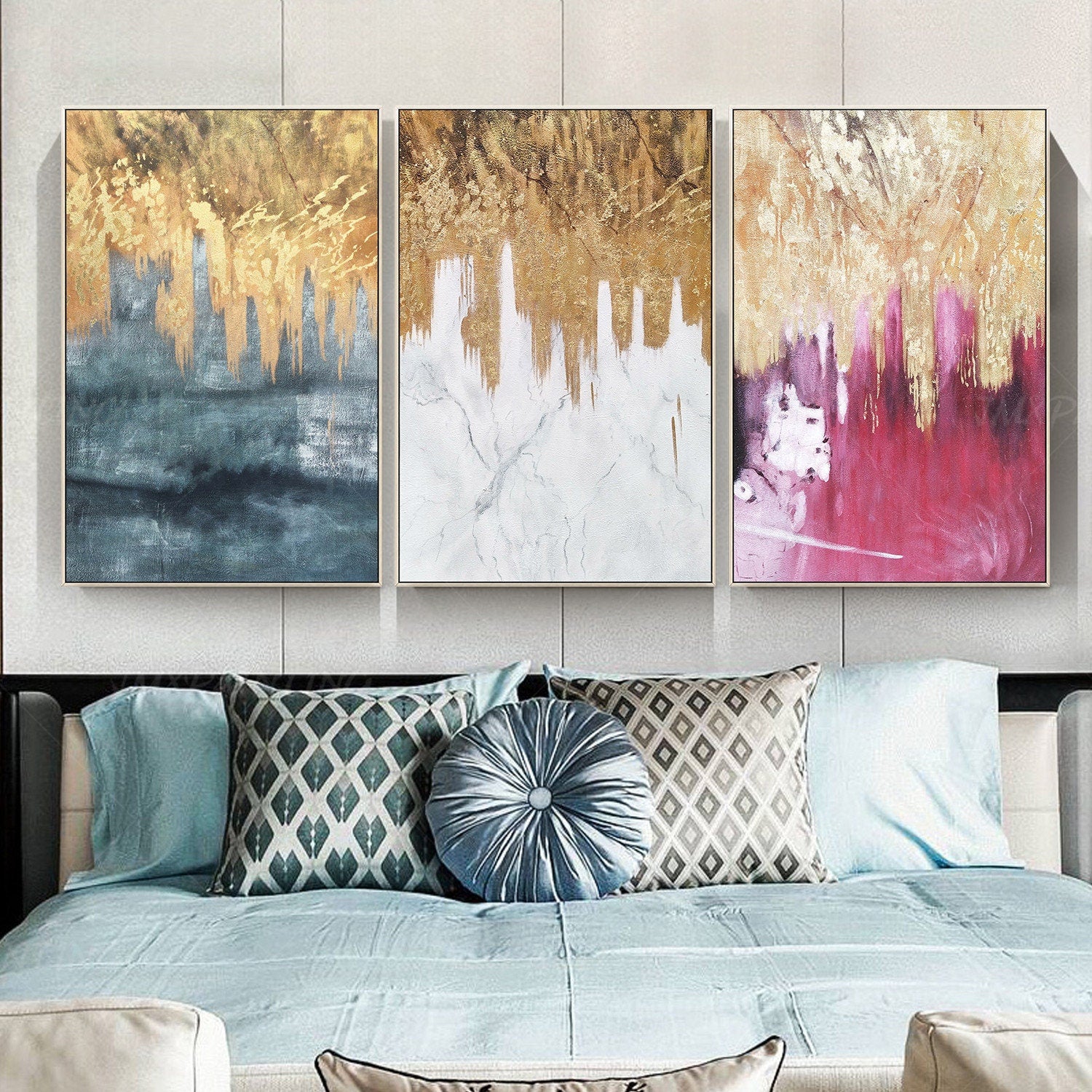 3 pieces Original Abstract gold leaf waterfall Acrylic Painting On Canvas black  #4