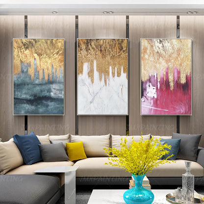 3 pieces Original Abstract gold leaf waterfall Acrylic Painting On Canvas black  #5