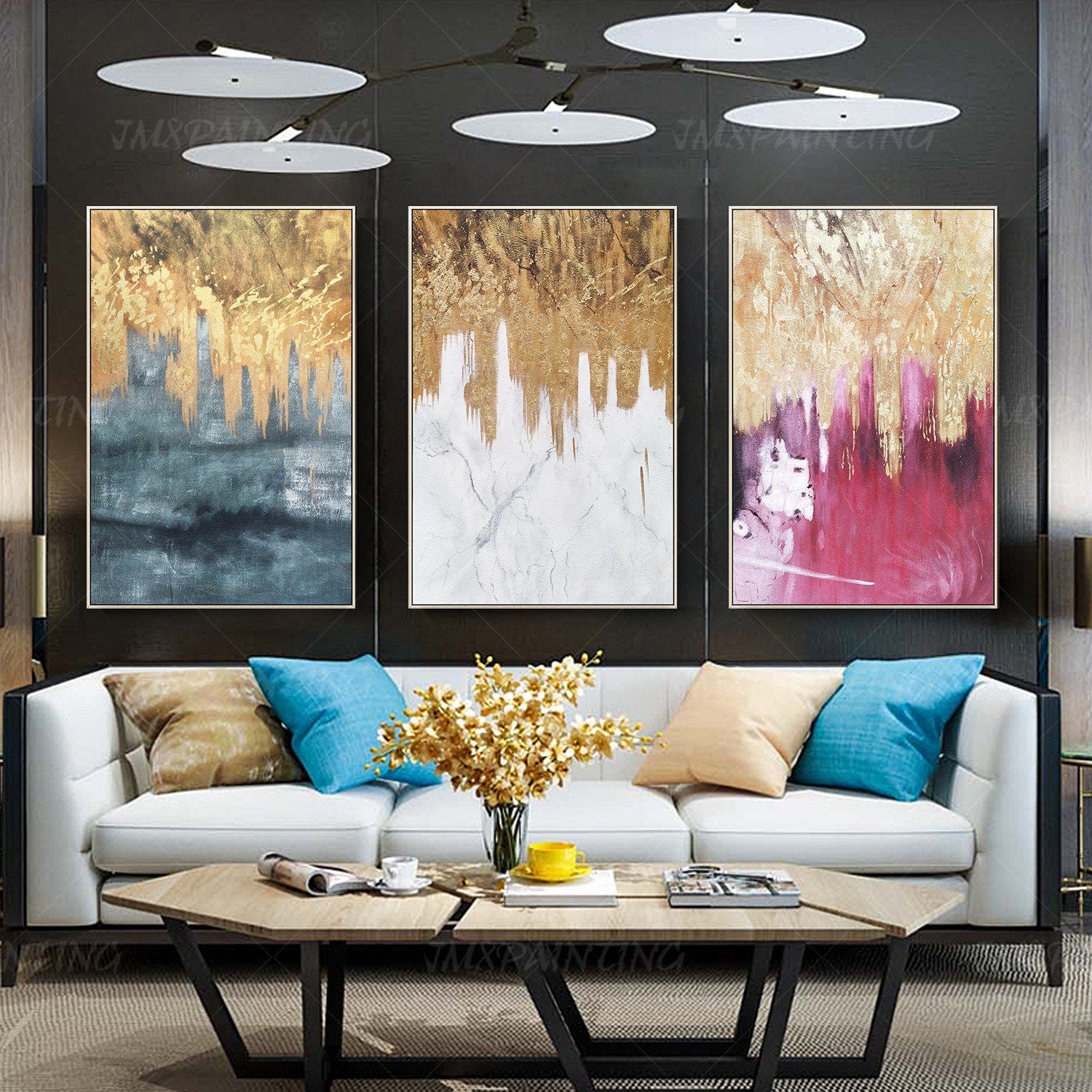 3 pieces Original Abstract gold leaf waterfall Acrylic Painting On Canvas black  #6